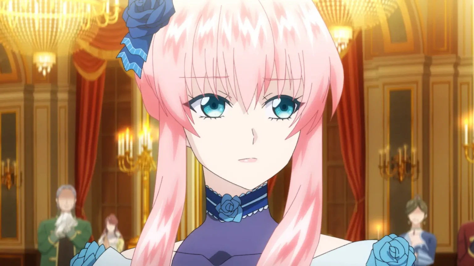 A character with long, pastel pink hair styled in twin tails stands in an opulent ballroom. She wears a blue rose hair accessory and a matching choker, with a blue and white dress adorned with rose details. The background features golden chandeliers, elegant red curtains, and guests in formal attire.