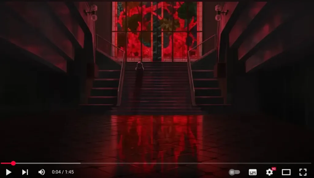 Jujutsu Kaisen Season 3: New Trailer and Release Date Revealed 3 Scene from Jujutsu Kaisen Season 3 trailer showing a shadowy staircase with glowing red stained glass, creating a dark and ominous atmosphere.