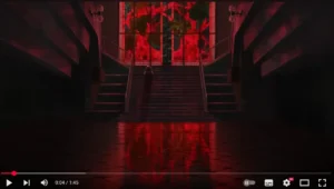 Jujutsu Kaisen Season 3: New Trailer and Release Date Revealed 2 Scene from Jujutsu Kaisen Season 3 trailer showing a shadowy staircase with glowing red stained glass, creating a dark and ominous atmosphere.
