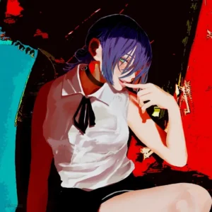 Chainsaw Man: Who Is Reze? Full Guide 2 A stylized illustration of a young woman with short purple hair, wearing a sleeveless white blouse with a black ribbon tie and a black skirt. She is seated with one arm resting on her knee and the other hand touching her face, set against a bold background of red, turquoise, and black.