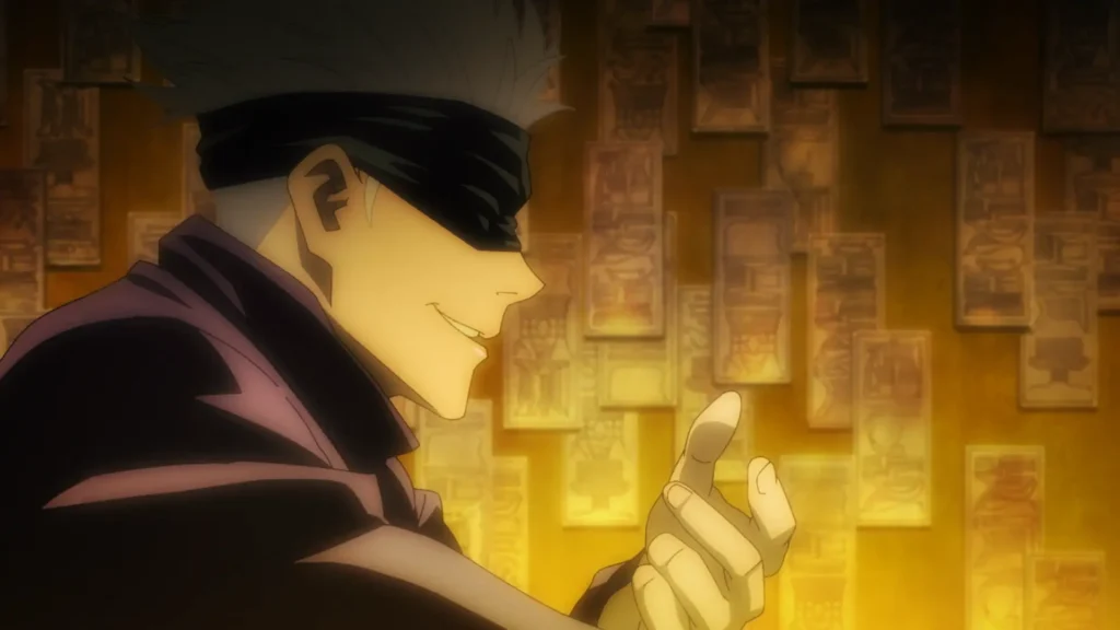 Did Satoru Gojo Die in Jujutsu Kaisen S2? 1 An anime character with spiky silver hair and a black blindfold smirks confidently, holding up his hand in a snapping gesture. The background features a warm yellow glow with numerous paper talismans or seals affixed to the wall.