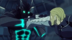 Top 10 Anime With 100% on Rotten Tomatoes 3 Anime scene of a blond man in futuristic armor clashing with a glowing, skeletal monster with bright green eyes and markings.