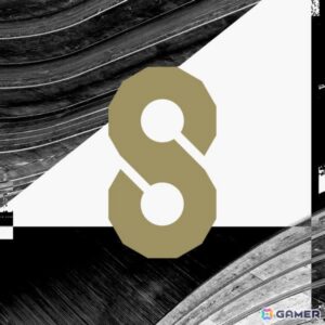 A geometric, stylized gold "S" symbol is centered over a background of abstract black-and-white patterns, resembling wood grain and sharp angles. The design is modern and minimalistic, with a strong visual contrast.