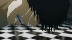 Anime scene from Tokyo Ghoul showing Kaneki Ken crying on a black-and-white checkered floor, tears streaming as he faces emotional pain and despair.