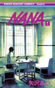 Manga cover for NANA, volume 1. In a teal‑green monochrome room, a young woman with a short bob sits alone at a small table by a large window, looking down at a cup and ashtray. Empty chairs and soft daylight create a quiet, lonely mood. The title “NANA” appears in bold magenta script across the top with a small “1” badge; “RIBON MASCOT COMICS • Cookie” bands the header and Ai Yazawa’s name is in pink at the bottom.