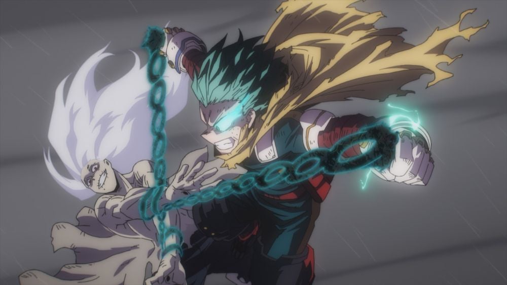 My Hero Academia Final Season Episode 2 Teaser Reveals All Might in Peril—Who Will Save Him? 2 My Hero Academia final season: Mid‑air in driving rain, Deku (Izuku Midoriya) surges forward with a glowing teal‑black Blackwhip chain wrapped around Shigaraki Tomura’s arm. Deku’s tattered yellow scarf streams behind him, teeth clenched and eyes blazing; Shigaraki grins ferally, white hair whipping as the two spin through a gray, storm‑streaked sky.