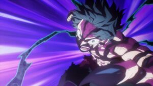 My Hero Academia action shot: A battle‑torn young hero lunges forward mid‑air, muscles striated and suit shredded, eyes wide with fierce determination. Jagged black and violet energy (Blackwhip tendrils and crackling lightning) arcs around him while a tunnel of radiant purple speed lines explodes outward, emphasizing explosive momentum and power overload.