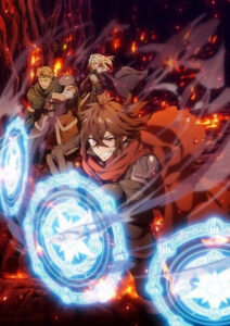Anime key visual of three adventurers racing through a lava-lit cavern. In front, a brown‑haired mage in a red cloak casts layered blue magic circles etched with runes and star motifs. Behind, a burly blond warrior in green and a silver‑haired rogue/healer in purple charge forward. Ember sparks, smoke trails, and molten rock glow in the background.