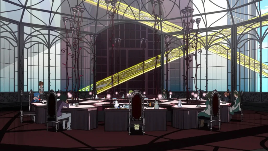 Kubikiri Cycle scene: A vast glass-walled, dome‑like hall with intricate black iron tracery encloses a segmented circular table arrangement of dark cloth‑draped desks and high, throne‑back chairs. Sparse figures sit or stand at intervals—maids in green uniforms to the right, a blue-haired character slumped over a desk to the left, others absorbed in reading. Slender iron pillars twist upward like rose vines, while two luminous yellow lattice bridges slice diagonally across the exterior sky beyond the towering windows. Pools of lamplight punctuate the otherwise cool, airy interior.