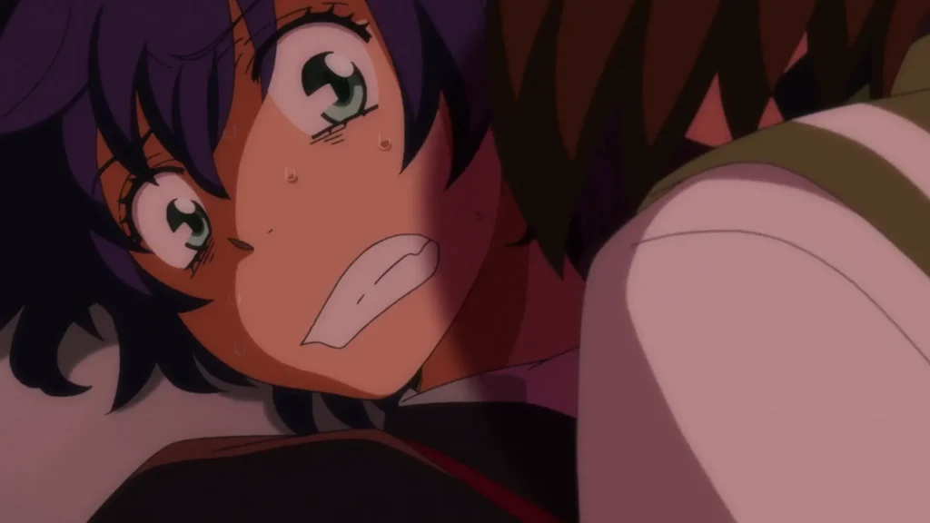 Close, low‑angle shot from Mawaru Penguindrum: a purple‑haired girl lies half in shadow, eyes wide with fear and teeth clenched, sweat beads dotting her face. Another character’s shoulder and torso press into the right foreground, casting a sharp vertical shadow over her expression.