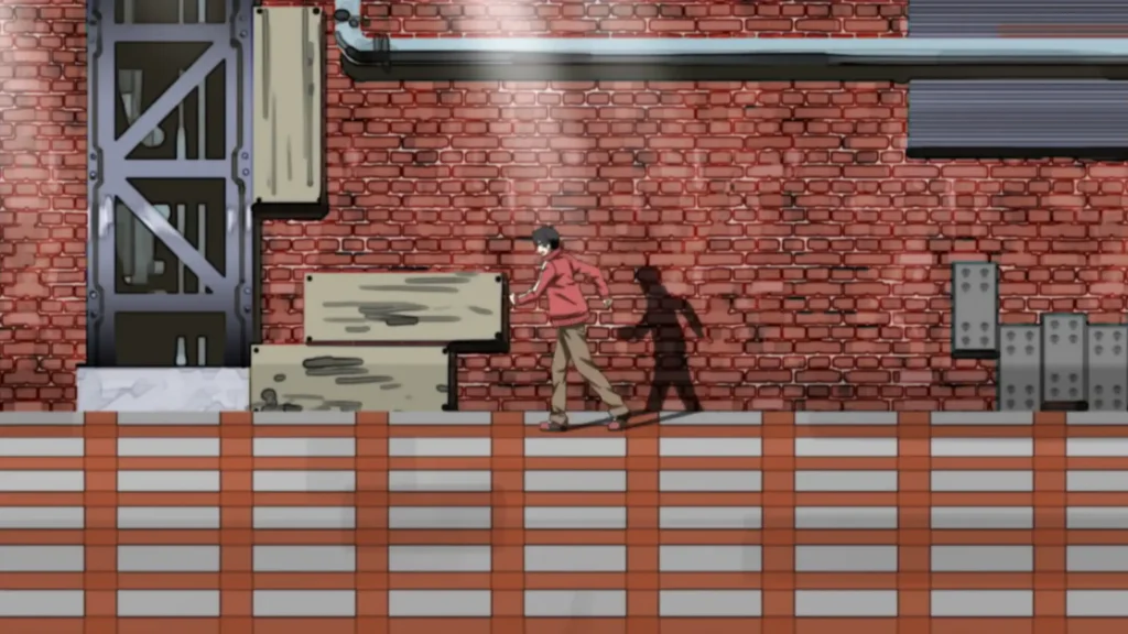 Mekakucity Actors scene: A teen in a salmon-red hoodie, tan pants, and headphones strides across a side‑scrolling, game‑like industrial alley. Red brick wall with riveted metal doorway, stacked wooden boards, scattered cinder blocks, overhead vent pipe, and a spotlight beam casting a crisp marching shadow behind him. Foreground uses horizontal bands and orange grid lines like a 2D platform stage.