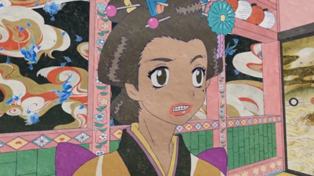 Mononoke anime still: Ornate ukiyo‑e–inspired interior paneling drenched in layered patterns—pink floral borders, green bamboo slats, lanterns—frames swirling gold, ivory, and vermilion cloud‑spirits licked with electric blue flame. Foreground shows the Medicine Seller’s elaborate coiffure with decorative hairpins, teal chrysanthemum ornament, and layered kimono collar in mustard, black, and violet against the textured, painted backdrop.