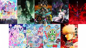 Collage of ten colorful Japanese anime announcement / movie posters arranged in two rows. Top row (left to right): 1) Sparkling idol stage with brightly dressed performers under rainbow spotlights (Aikatsu! franchise). 2) Moody monochrome green poster featuring a solemn central figure framed by stylized wings and angular text. 3) Metallic teal and black transforming bullet‑train mecha posed heroically beneath a large “10th Anniversary Shinkalion” logo. 4) Evangelion visual: towering purple Unit‑01 looms behind two seated, exhausted pilots amid smoke and harsh lighting. 5) Crimson and black image dominated by a demonic winged silhouette and dramatic serif title, signaling a dark fantasy continuation. Bottom row (left to right): 6) Another idol poster bursting with prismatic jewels, bubbles, and costumed singers. 7) Floral and aquatic motif with pastel characters swirling in petal and water splash patterns. 8) Keroro (frog alien) comedic poster: green frog commander at center with doodle‑style supporting cast, playful captions, and bright primary colors. 9) Historical / samurai action tease with intense brush lettering and flame‑tinged scarlet highlights around a determined swordsman. 10) Gintama teaser: bold calligraphy beside the series hero in a fiery orange and black palette, announcing an upcoming 2026 film.