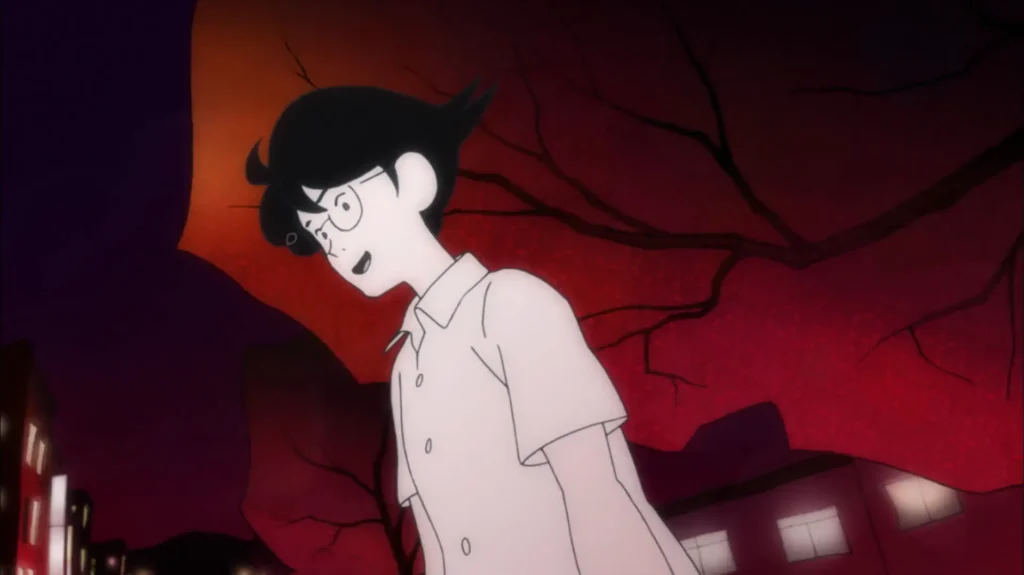 Stylized scene from The Tatami Galaxy: a lanky university student with black hair and round glasses walks in profile under a surreal crimson canopy of abstract tree branches against a deep violet night sky; simplified buildings with glowing windows tilt below.