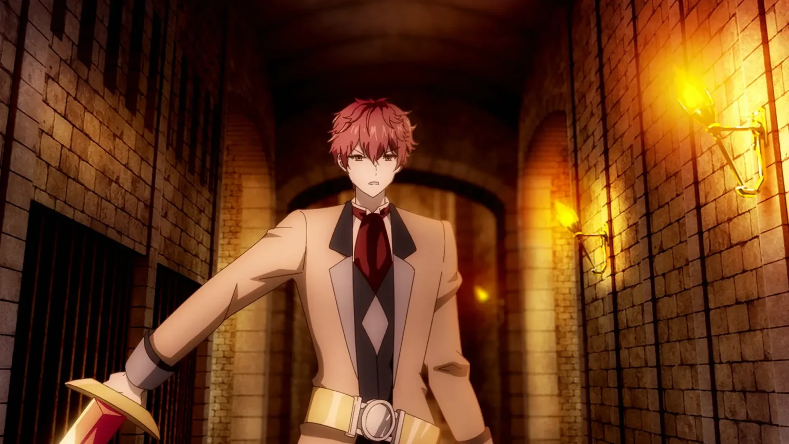 The Dark History of the Reincarnated Villainess, Episode 2: Dance with the Hotties at the Ball The Dark History of the Reincarnated Villainess scene: In a torch‑lit stone corridor with iron-barred cells, a red‑haired young man in a tan jacket, cravat, and diamond‑patterned vest strides forward, jaw set. A sword enters frame from the left hand, while warm orange flames wash the bricks and repeating arches recede into shadow.