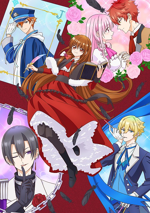 The Dark History of the Reincarnated Villainess, Episode 2: Dance with the Hotties at the Ball  2 The Dark History of the Reincarnated Villainess key visual: A brown‑haired girl in a flowing red dress with white trim floats diagonally, clutching an open book and a quill, smirking as black feathers spiral around her. Framed vignettes of handsome characters surround her: top left a blue‑uniformed officer in a cap; top right a pink‑haired girl and a red‑haired boy facing romantically amid roses; bottom left a sleek gray‑haired noble with a finger to his lips beside chains and a rose; bottom right a blond aristocrat in pale blue with a ribboned frame. Background is a rich burgundy with scattered feathers and roses.