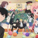Witch Watch Season 2 announcement visual: A lively classroom party erupts—colorful balloons scatter across the floor, confetti raining while the cast poses around a chalkboard crammed with celebratory doodles and the Season 2 confirmation text. Foreground right, the cheerful pink‑haired heroine beams and flashes a peace sign. Other students laugh, shout, and strike playful poses: a bespectacled girl claps in delight, a tall blond in a peaked cap blows a party horn, seated boys in the center lean together showing victory signs, and more friends cluster excitedly, filling the room with kinetic energy.