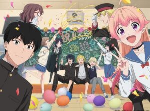 Witch Watch Season 2 announcement visual: A lively classroom party erupts—colorful balloons scatter across the floor, confetti raining while the cast poses around a chalkboard crammed with celebratory doodles and the Season 2 confirmation text. Foreground right, the cheerful pink‑haired heroine beams and flashes a peace sign. Other students laugh, shout, and strike playful poses: a bespectacled girl claps in delight, a tall blond in a peaked cap blows a party horn, seated boys in the center lean together showing victory signs, and more friends cluster excitedly, filling the room with kinetic energy.